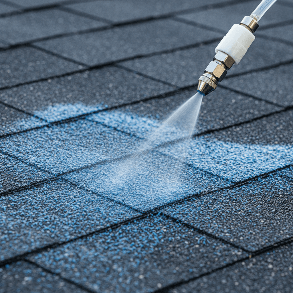 Nozzle spraying cleaning solution onto roof shingles