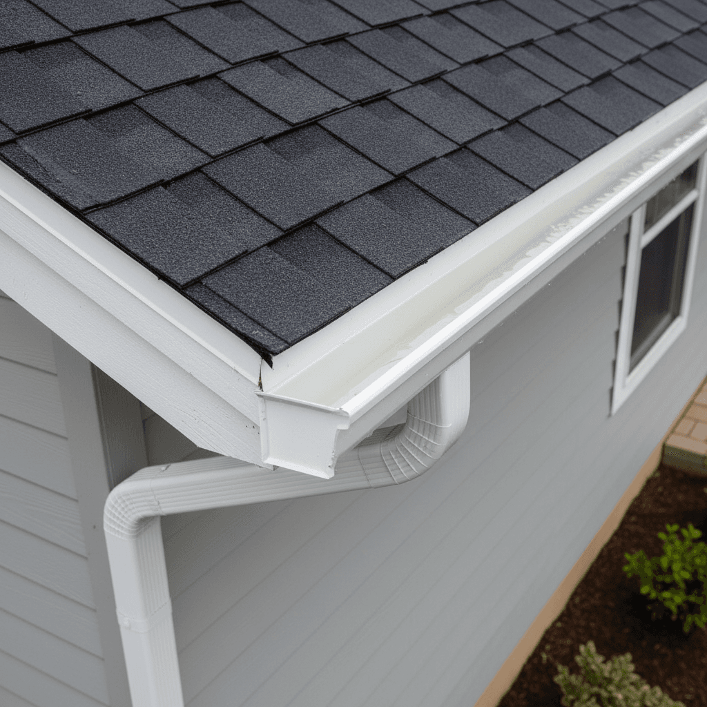 Clean rain gutter free of leaves and debris on residential home exterior