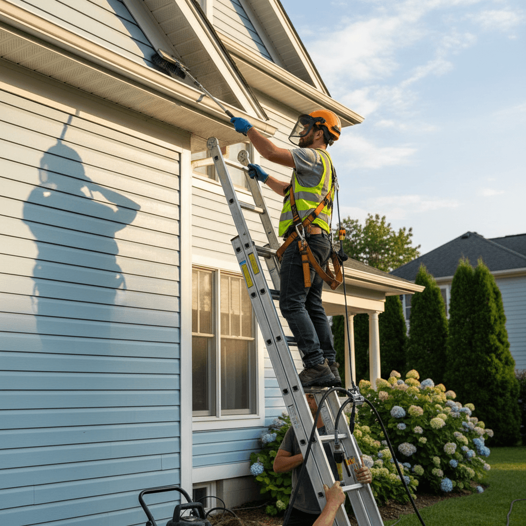 Professional cleaner in safety gear working from a ladder on a home