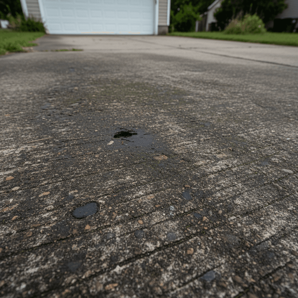 Stained concrete driveway before cleaning