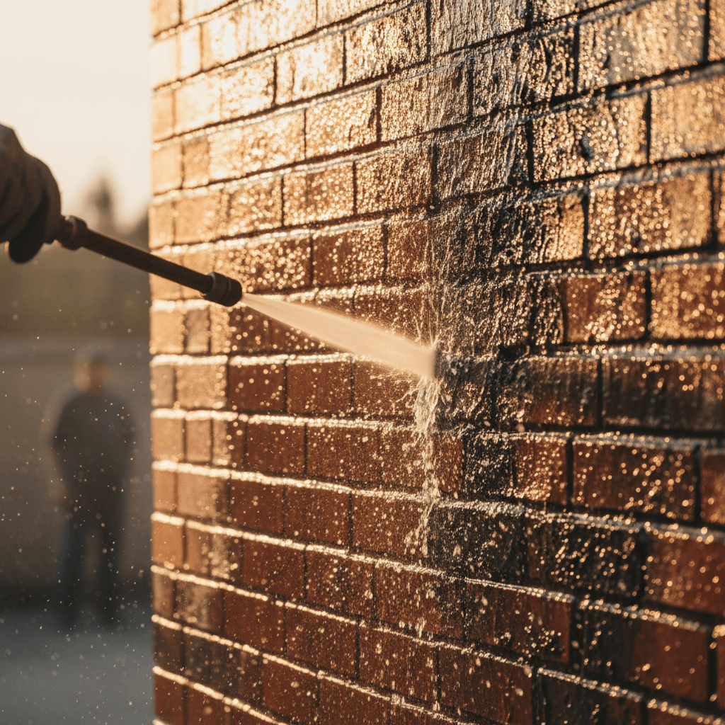 Pressure washing nozzle cleaning brick surface