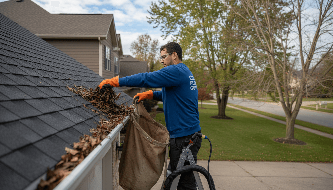 Professional gutter cleaner removing leaves from a residential gutter in Maple Ridge