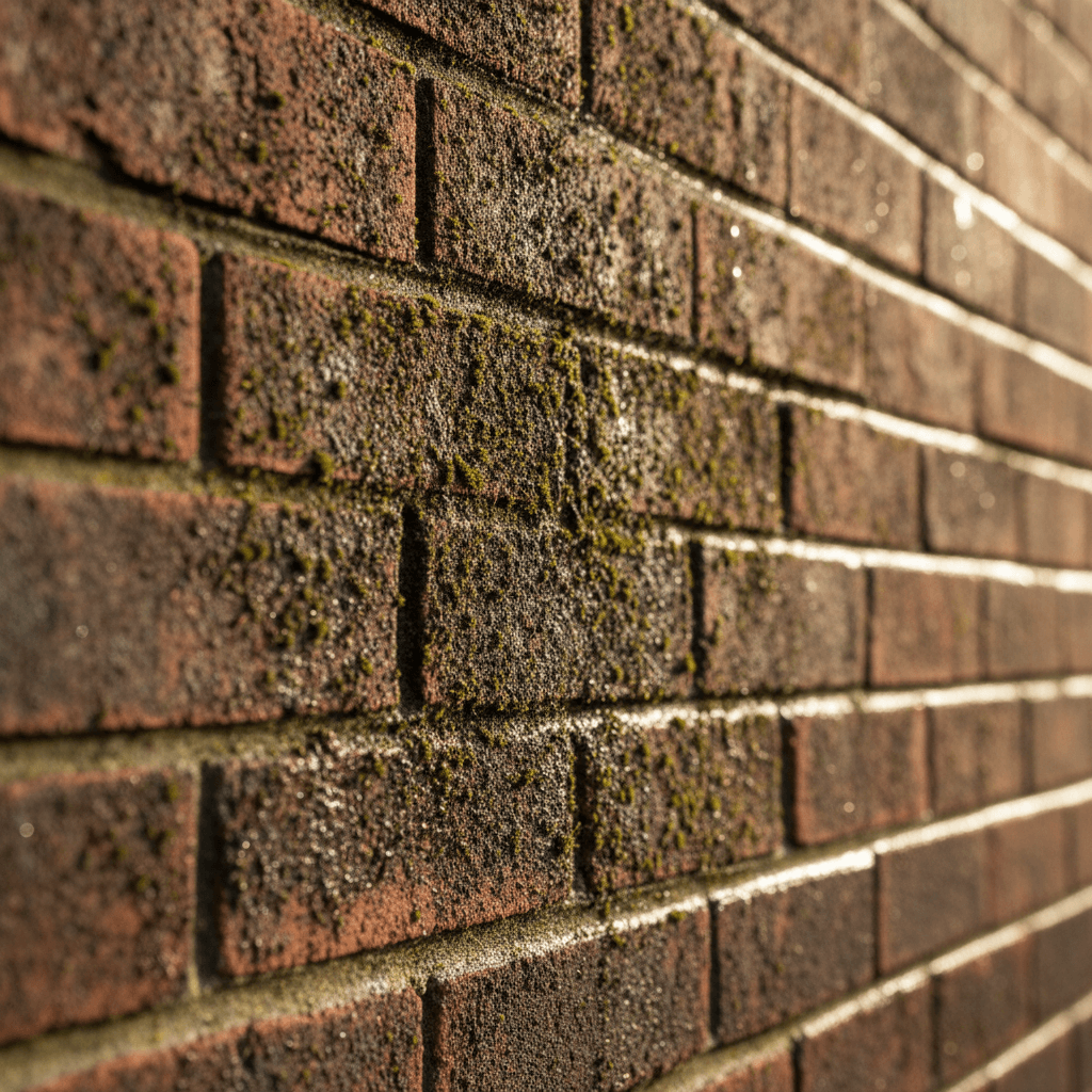 Dirty brick exterior with moss and algae buildup