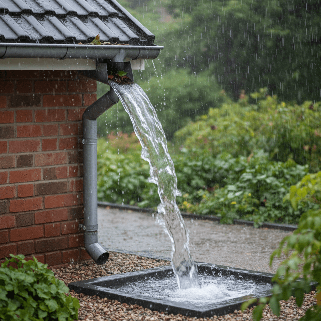 Gutter cleaning downspout with water flowing freely during rain