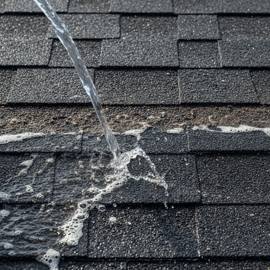 Close-up of roof shingle being rinsed clean by soft wash, showing color contrast