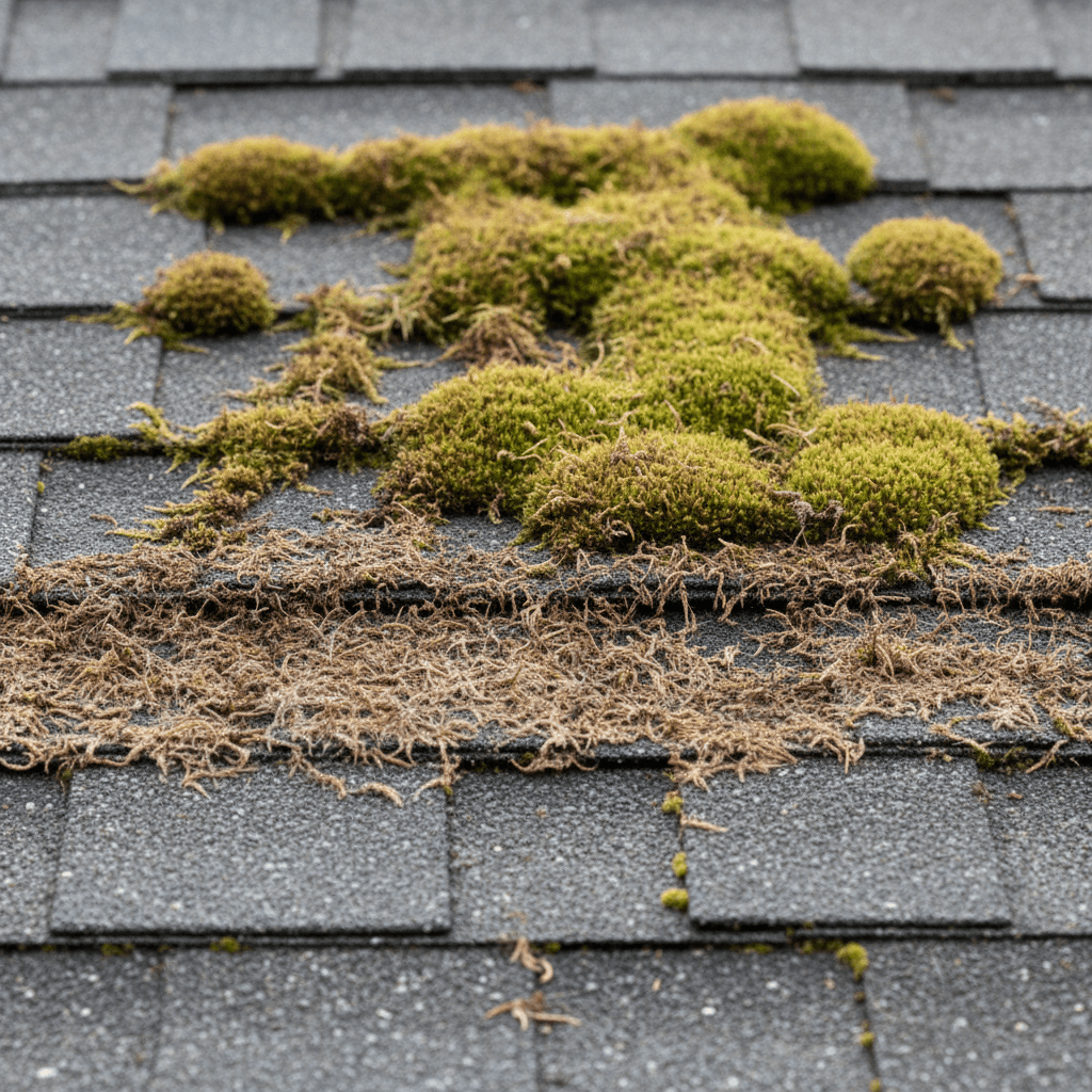 Edge of roof showing treated moss turning brown next to clean shingles