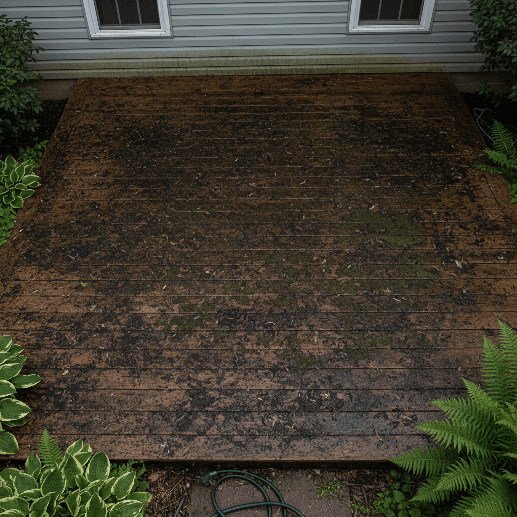 Dirty residential deck covered in algae and stains