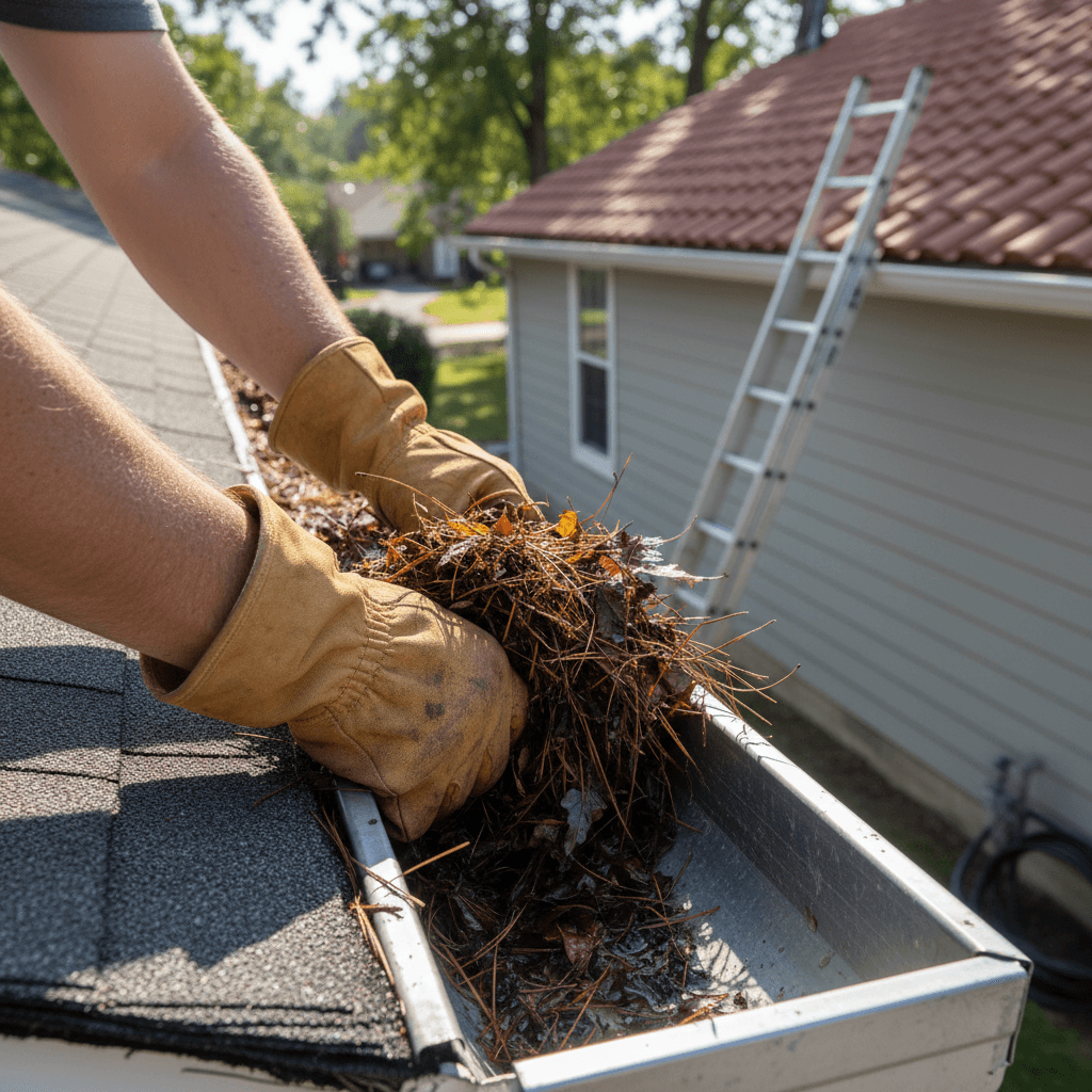 Leaves and pine needles being removed from a residential gutter