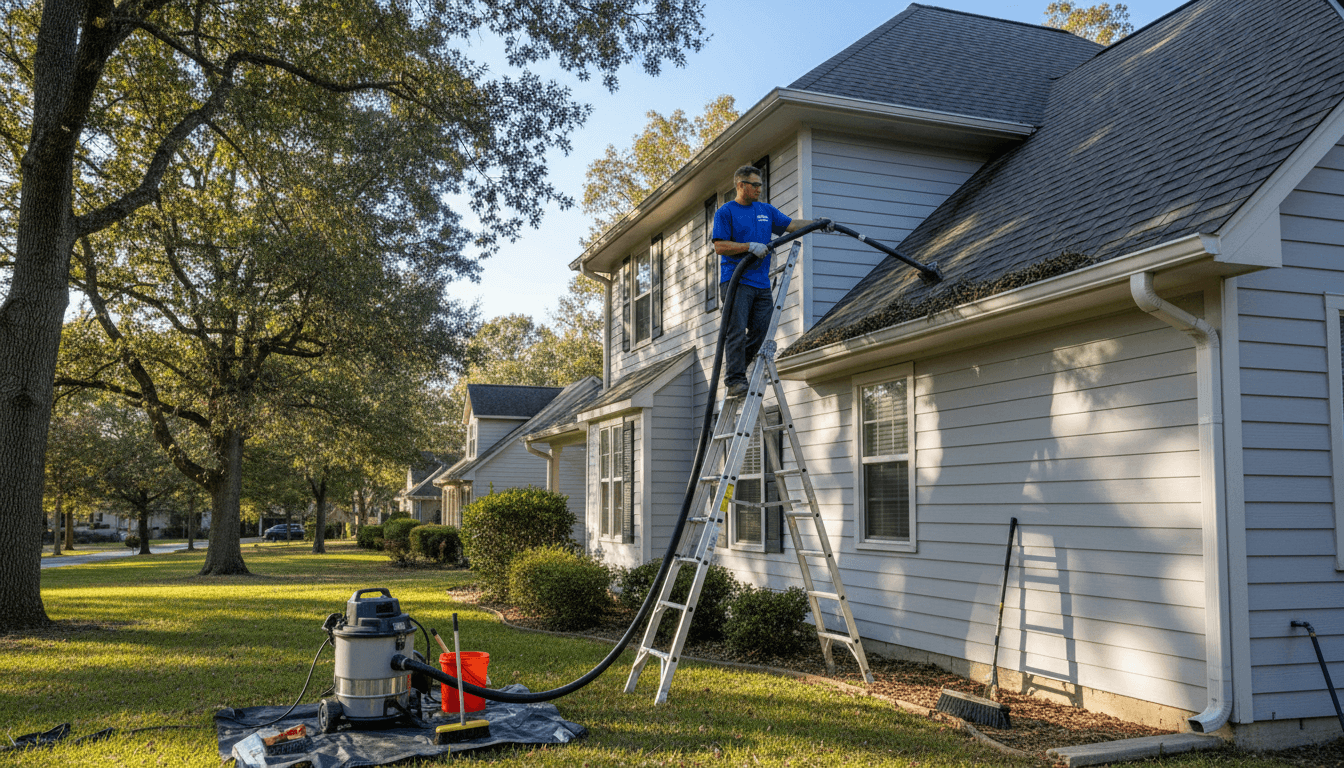 Professional gutter cleaner working on a residential home