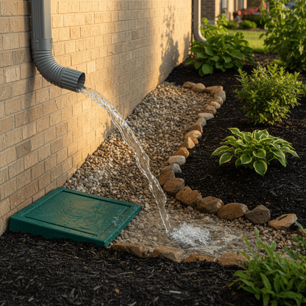 Water draining from a gutter downspout away from the home