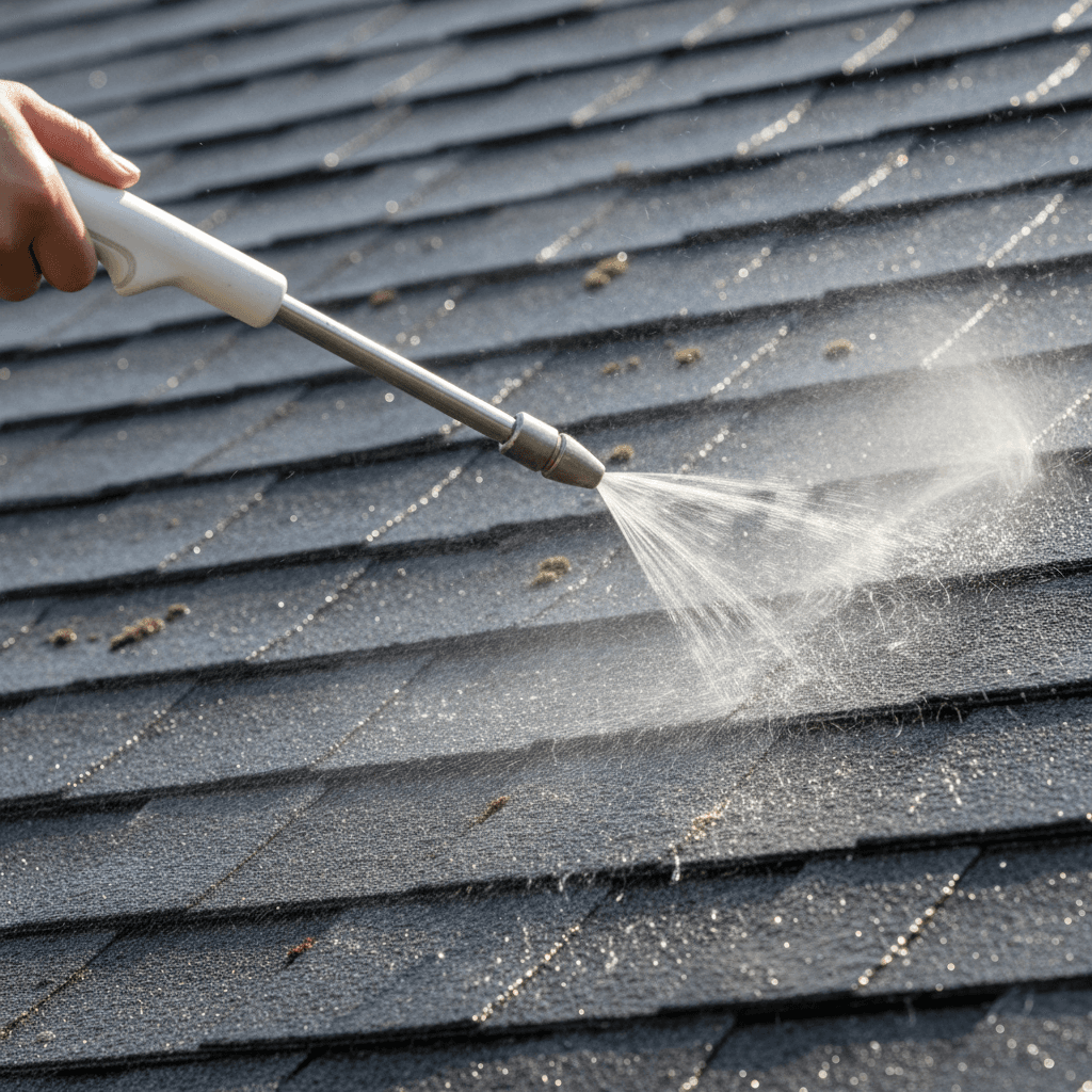 Soft wash wand spraying low-pressure water onto shingles