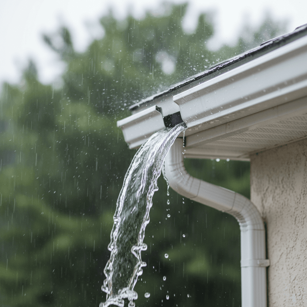 Rainwater flowing through a clean residential gutter