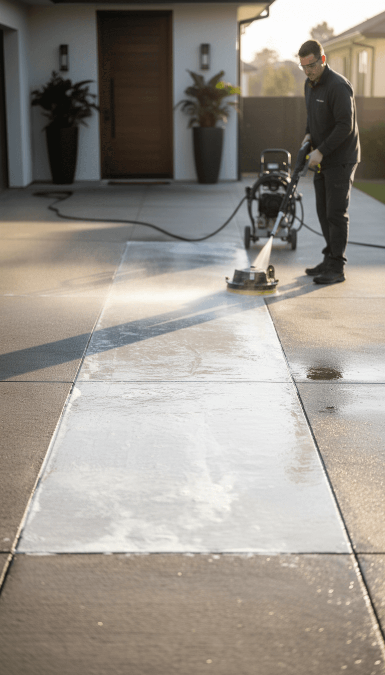 Residential driveway pressure washing transformation
