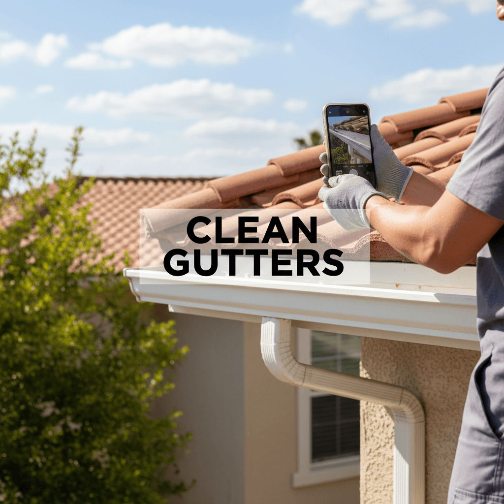 Worker photographing clean residential gutters with a smartphone